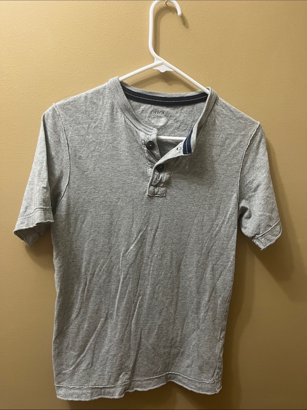 Cherokee Gray Short Sleeve Henley Polo with Navy Trim